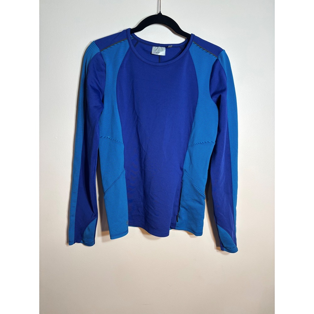 Athleta Long Sleeve Athletic Top Blue Stripe Zipper Pocket‎ Women's Size S